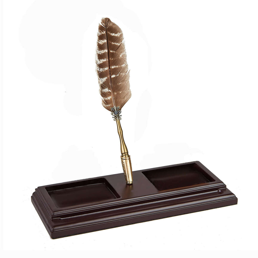 Vintage Wooden Desk Organizer with Feather Quill Pen Set in mahogany finish, featuring a polished base and elegant pen display.