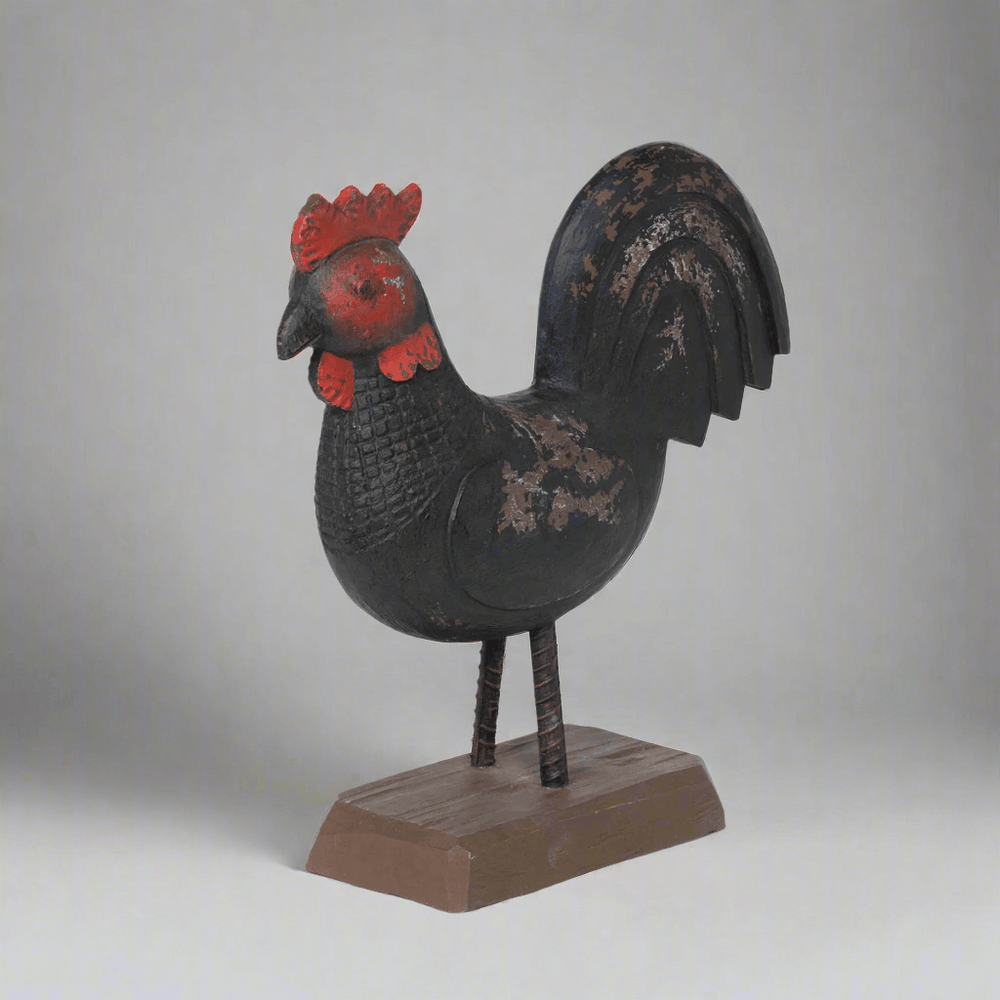 Vintage Wooden Rooster Statue hand carved in antique black and barn red beechwood, evoking rustic farmhouse charm and folk art.