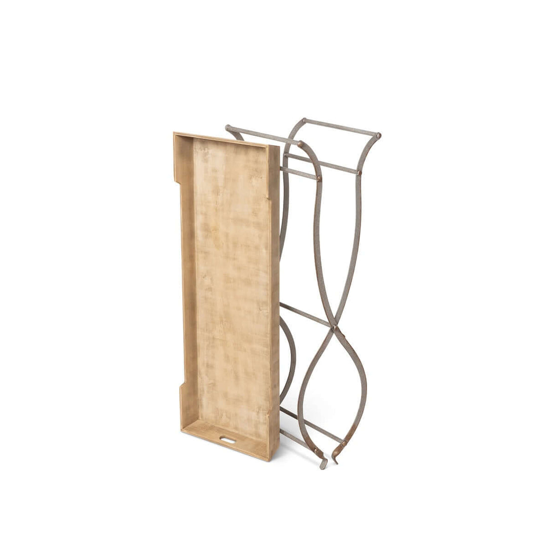 Vintage wooden tray console table with elegant metal frame, perfect for farmhouse or coastal decor.
