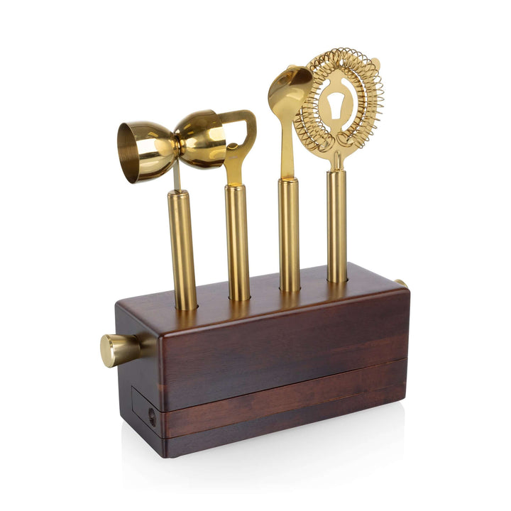 Vintage-Inspired Bar Tool Set with Brass Finish on wooden stand, featuring cocktail tools in timeless style.