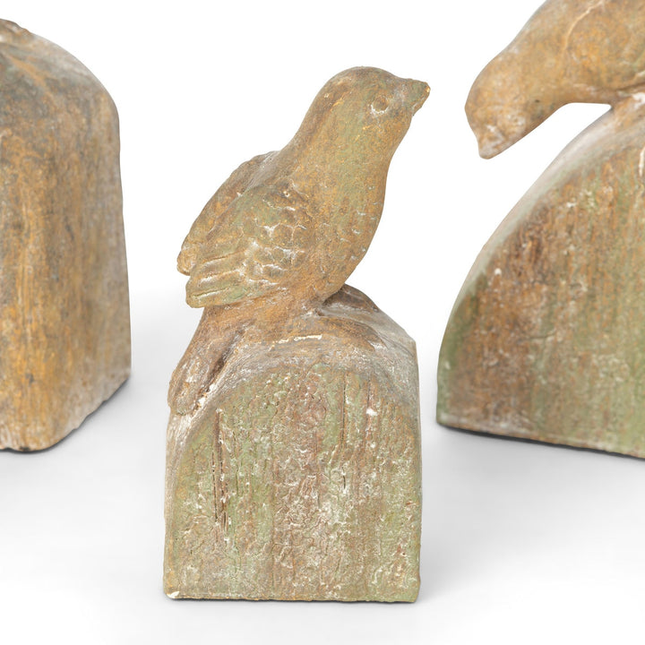 Vintage-inspired bird figurine with aged finish on block, part of a set of 5 decorative birds for home or garden decor.