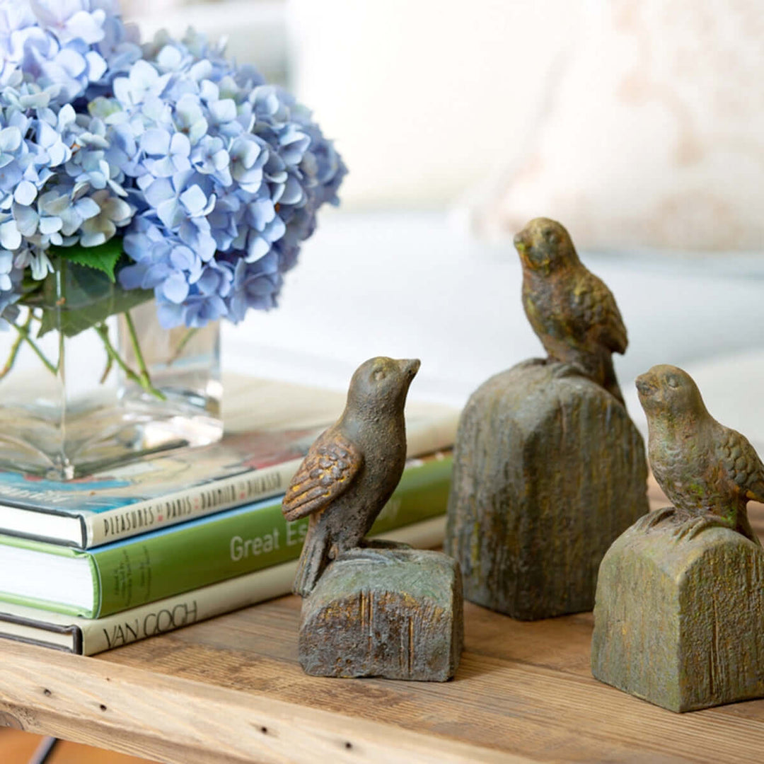 Set of 5 vintage-inspired bird figurines with aged finish, displayed on wooden table with blue hydrangeas and books.