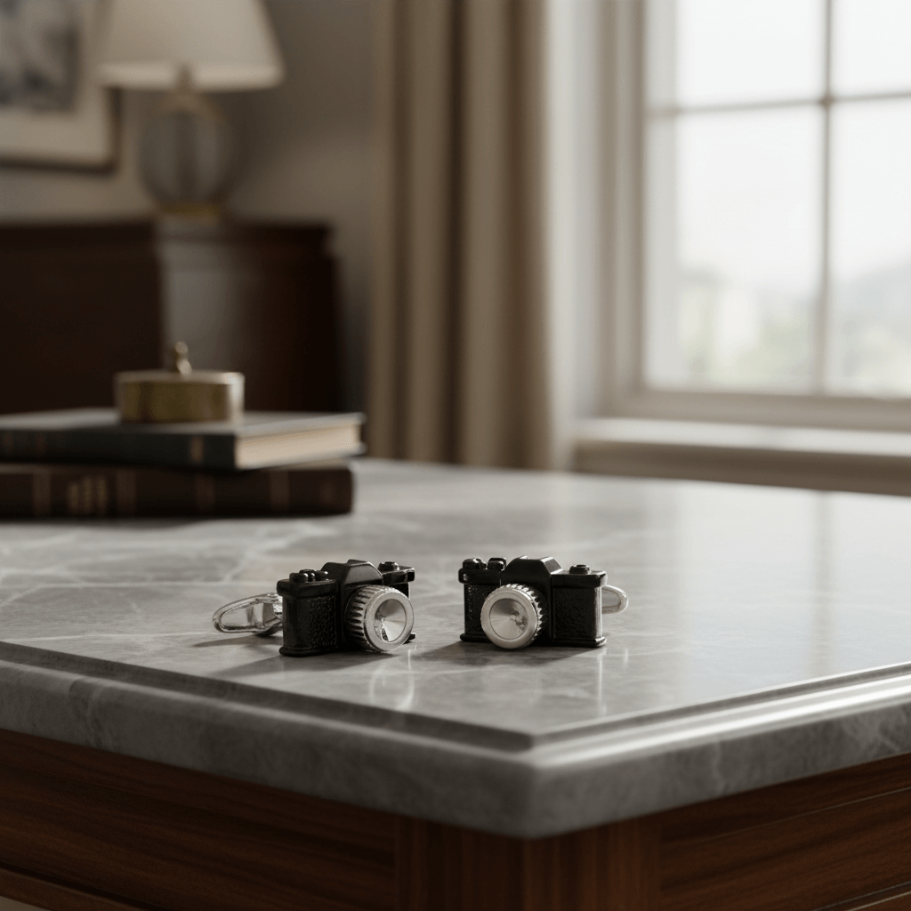 Vintage Black Camera Cufflinks on a marble table reflecting the golden age of photography, perfect for photography enthusiasts.