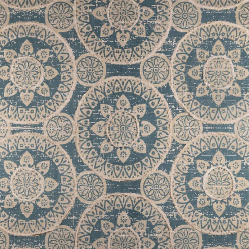 Vintage boho sun pattern handwoven rug in faded blue and ivory, featuring intricate medallion design for a cozy decorative touch.