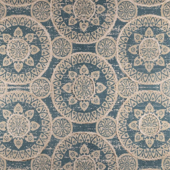 Vintage boho sun pattern handwoven rug in faded blue and ivory, featuring intricate medallion design for a cozy decorative touch.