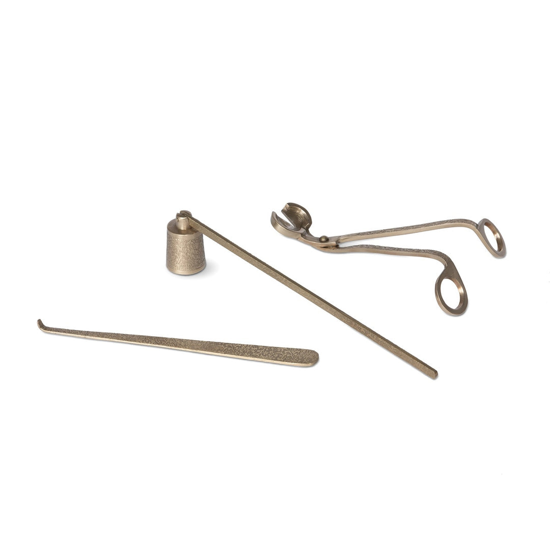 Vintage Brass Candle Care Kit Set of 3 with snuffer, wick trimmer, and dipper on white background.