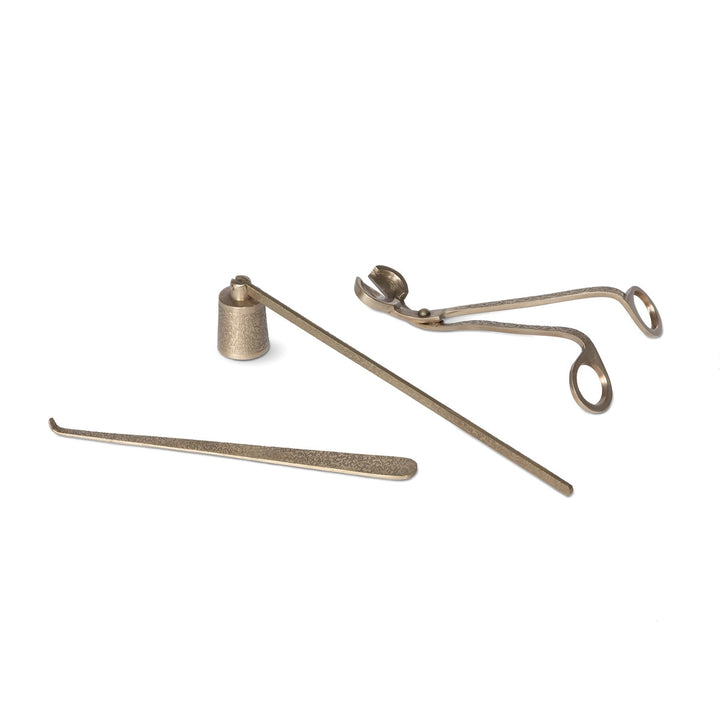 Vintage Brass Candle Care Kit Set of 3 with snuffer, wick trimmer, and dipper on white background.