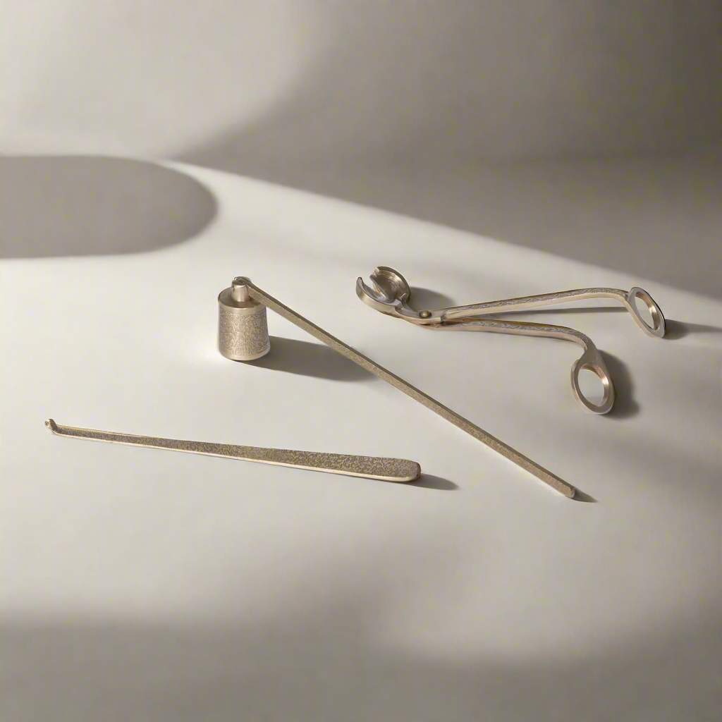 Vintage Brass Candle Care Kit, 3-piece set with snuffer, wick trimmer, and dipper for elegant candle maintenance.
