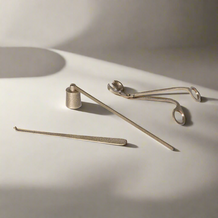 Vintage Brass Candle Care Kit, 3-piece set with snuffer, wick trimmer, and dipper for elegant candle maintenance.