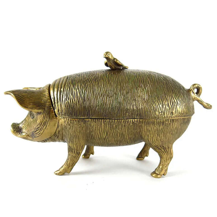 Vintage Brass Pig Storage Box with bird, rustic farmhouse decor.