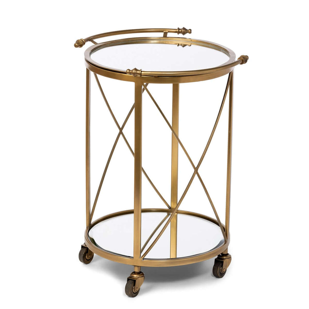 Vintage Brass Round Bar Cart with Mirrored Shelves showcasing Hollywood Regency style and elegant design.