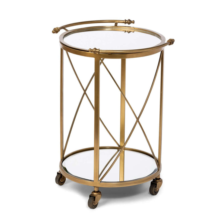 Vintage Brass Round Bar Cart with Mirrored Shelves showcasing Hollywood Regency style and elegant design.
