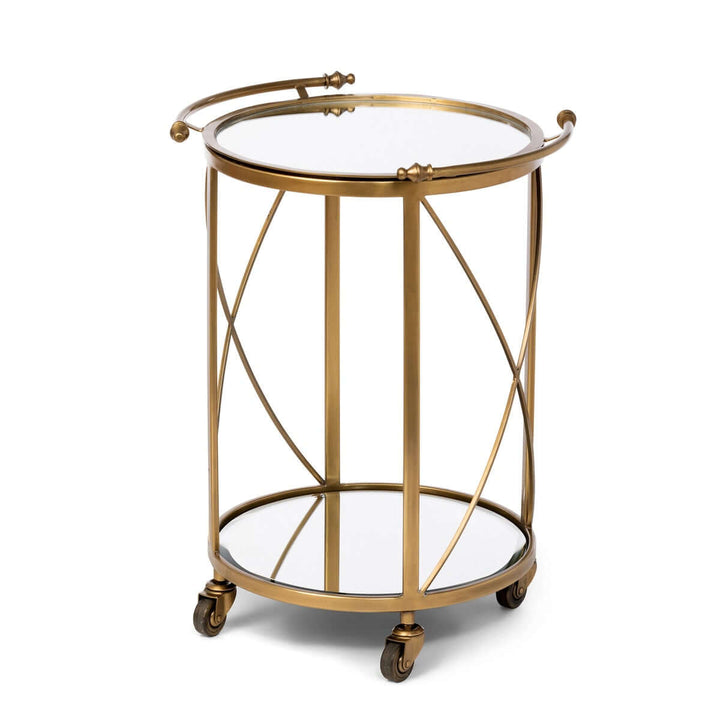 Vintage brass round bar cart with mirrored shelves, showcasing Hollywood Regency style and elegance in polished brass and mirrored design.