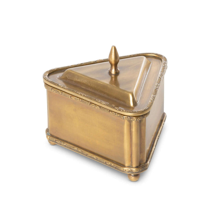 Vintage brass trinket box - triangle shape with finial lid and decorative edging, perfect for storing jewelry or keepsakes.