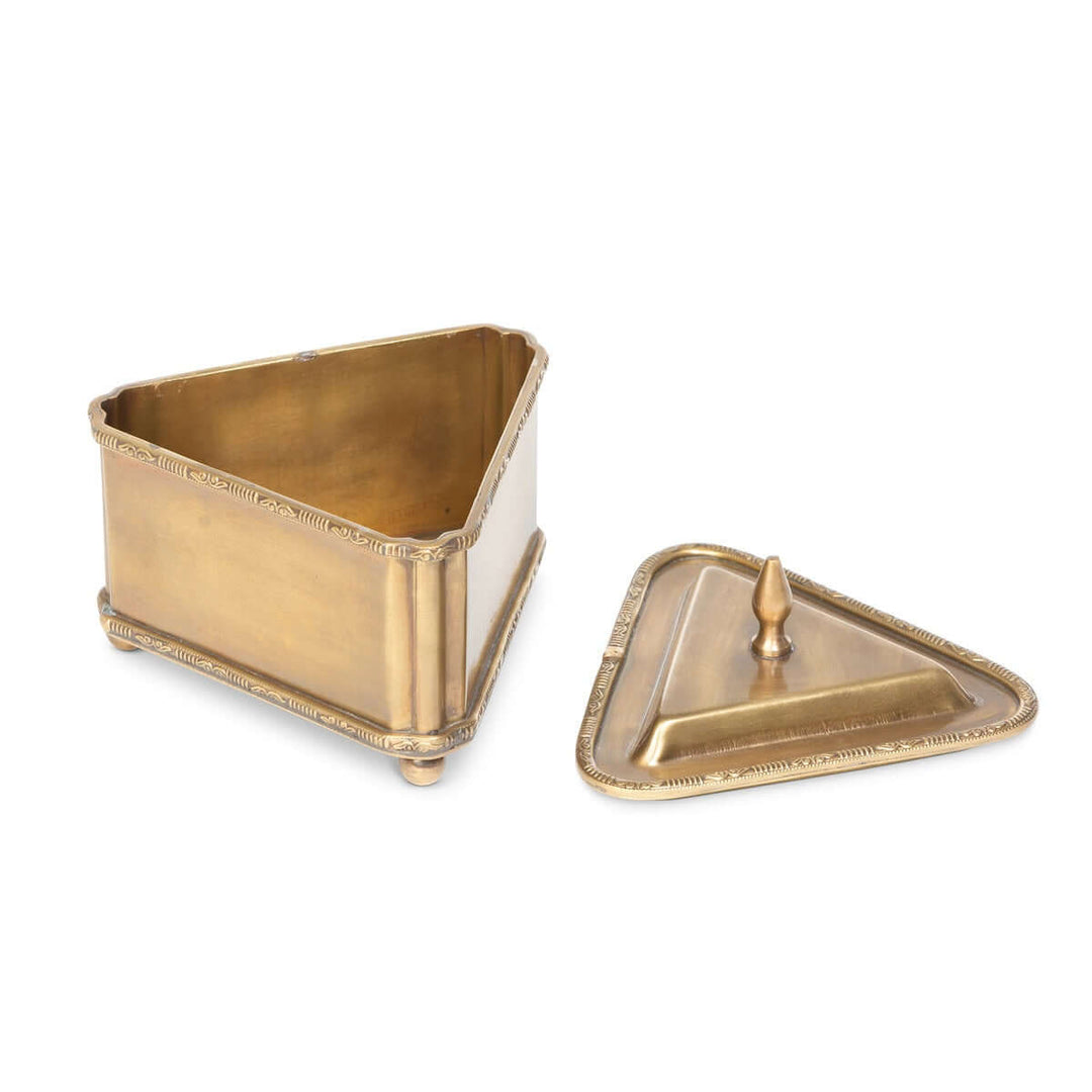 Triangle vintage brass trinket box with lid, part of a set, showcasing elegant decorative edging and ball feet.