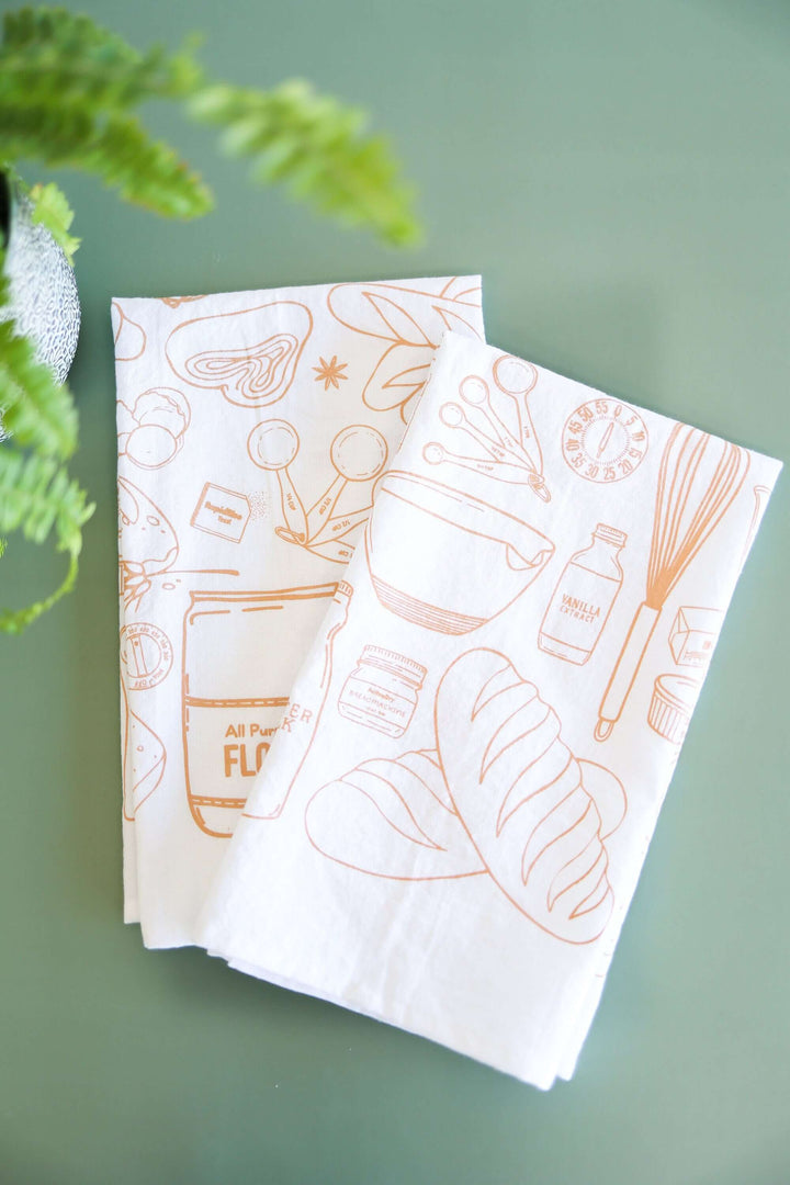 Vintage Bread Baking Tea Towel with hand-drawn baking illustrations, celebrating home baking essence and kitchen rituals.