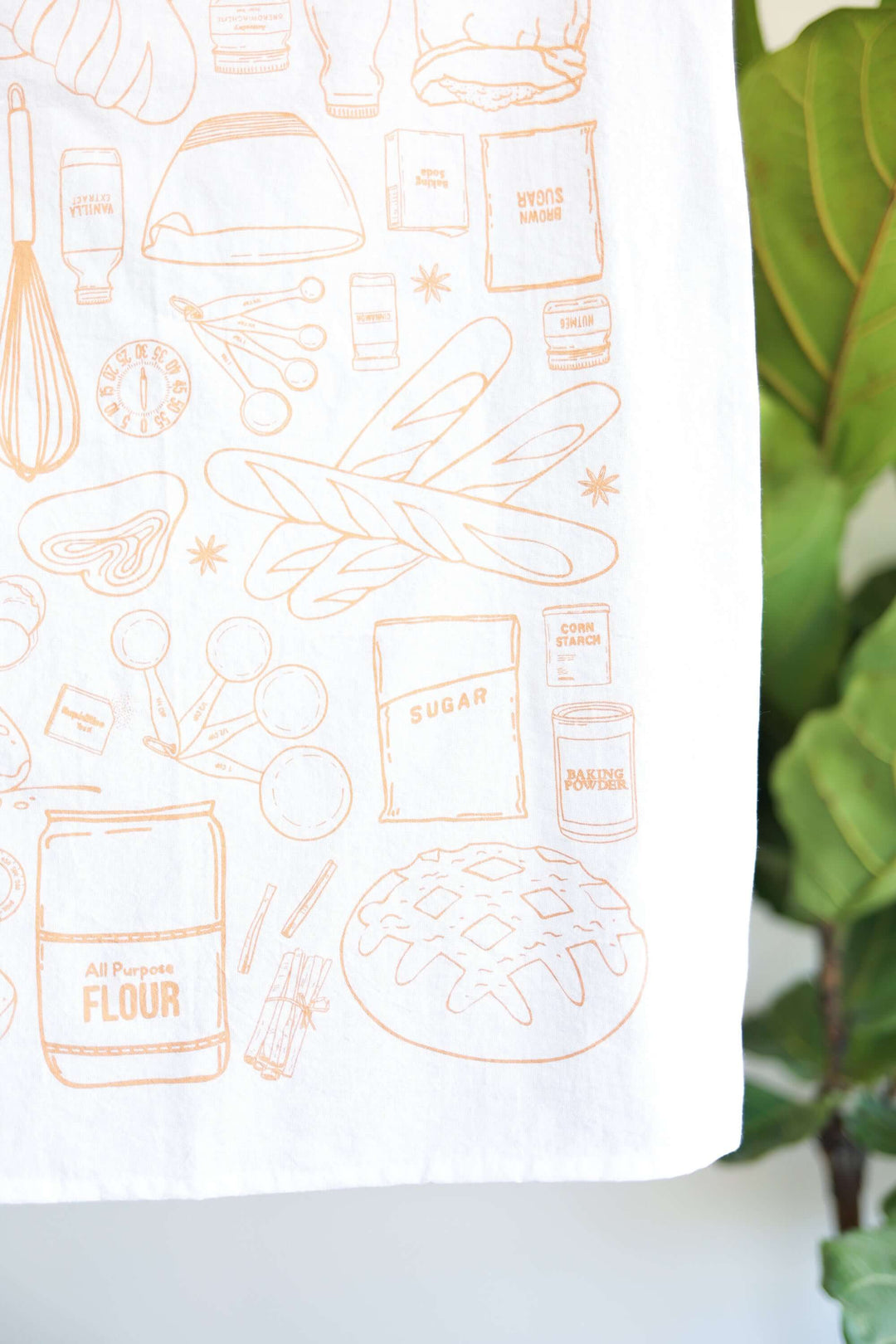 Vintage Bread Baking Tea Towel with hand-drawn kitchen illustrations, ideal for adding a rustic touch to your kitchen decor.