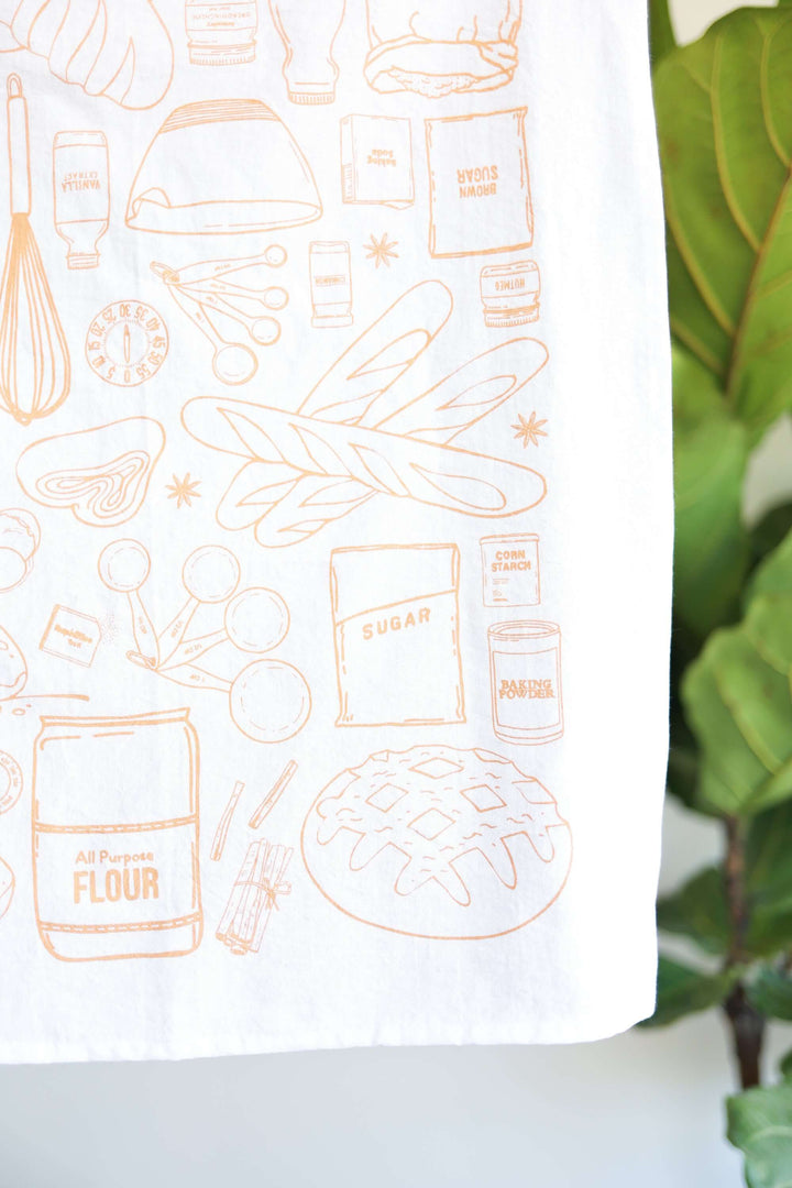 Vintage Bread Baking Tea Towel with hand-drawn kitchen illustrations, ideal for adding a rustic touch to your kitchen decor.
