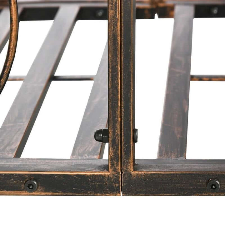 Detail of the Vintage Bronze Arch Garden Bridge with Scrollwork showcasing the antique bronze finish and metal craftsmanship.