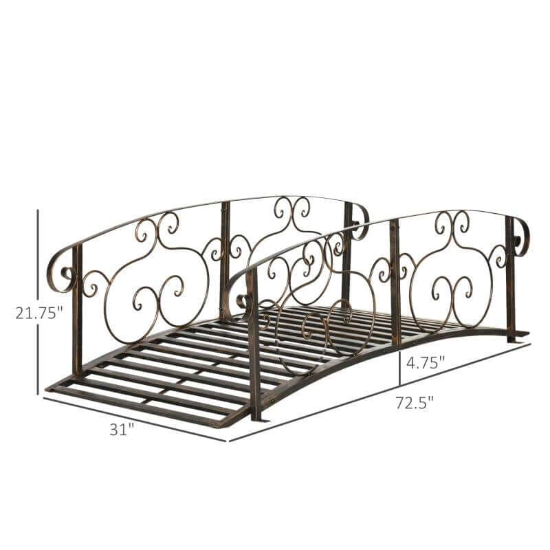 Vintage Bronze Arch Garden Bridge with Scrollwork featuring ornate design and dimensions 72.5" length, 31" width, and 21.75" height.