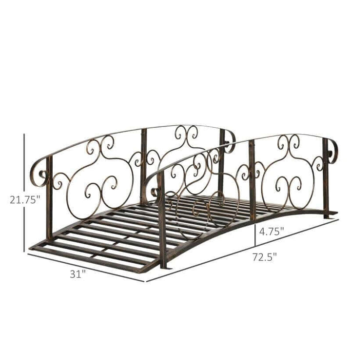 Vintage Bronze Arch Garden Bridge with Scrollwork featuring ornate design and dimensions 72.5" length, 31" width, and 21.75" height.