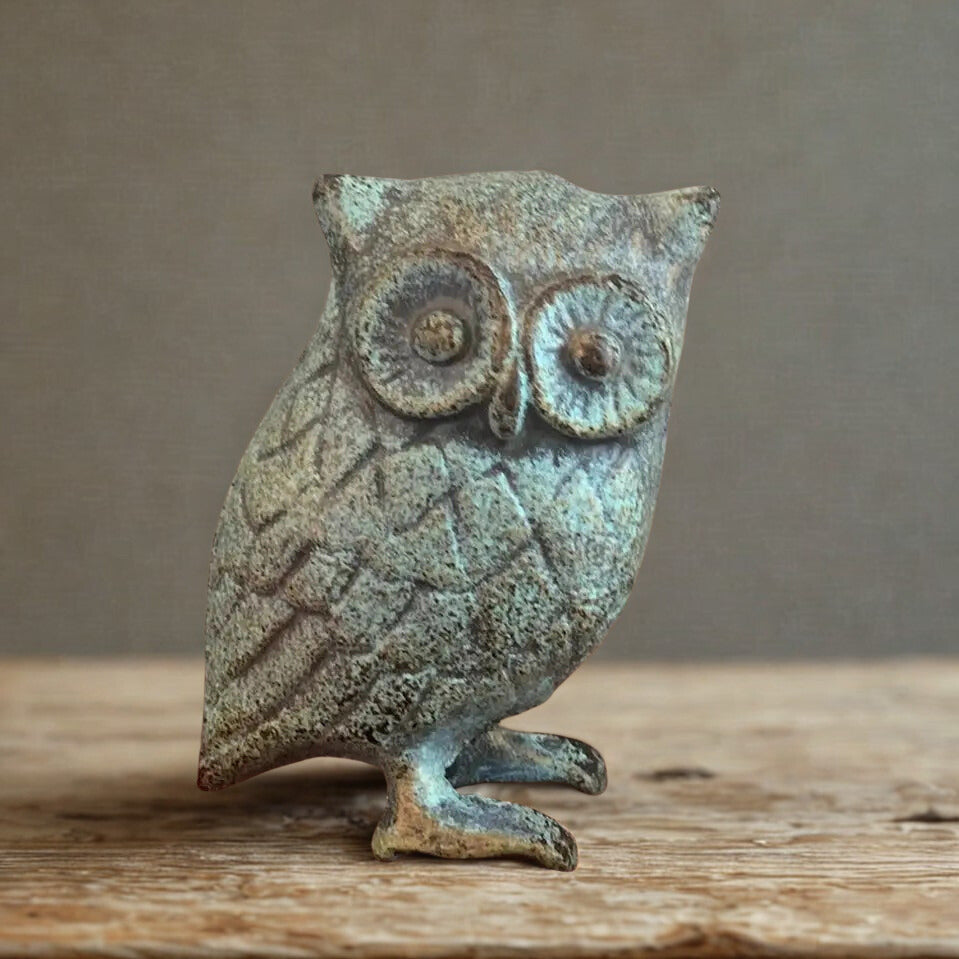 Vintage Cast Iron Owl Statue in Antique Green Patina Finish with verdigris-inspired hues, ideal for timeless décor and old-world charm.