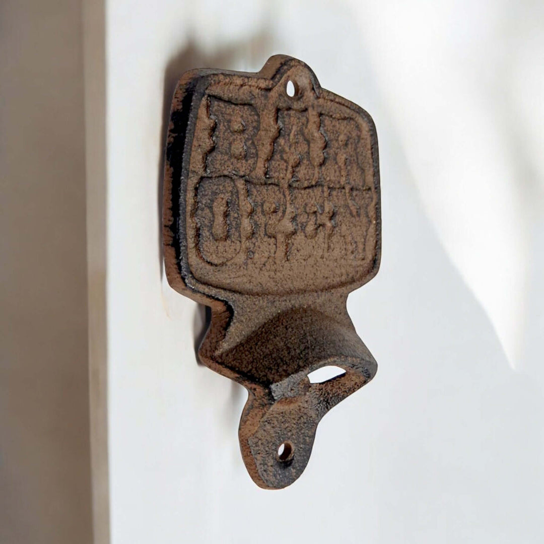 Vintage Cast Iron Wall Bottle Opener - Bar Open with a weathered patina, perfect for adding classic charm to your bar or kitchen space.