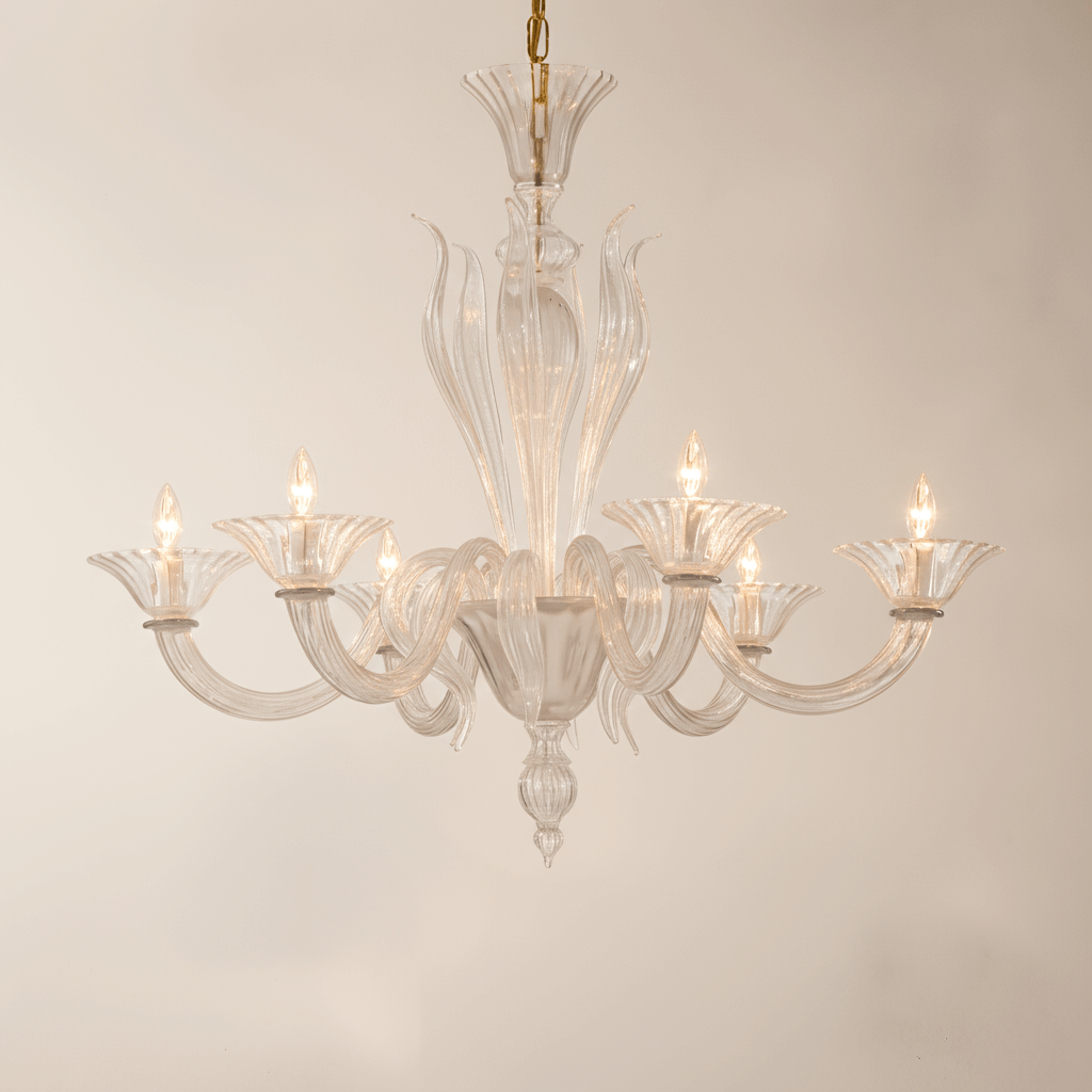 Vintage Clear Murano Glass Chandelier with mouth-blown Venetian artistry, elegantly showcasing intricate hand-sculpted glass design.