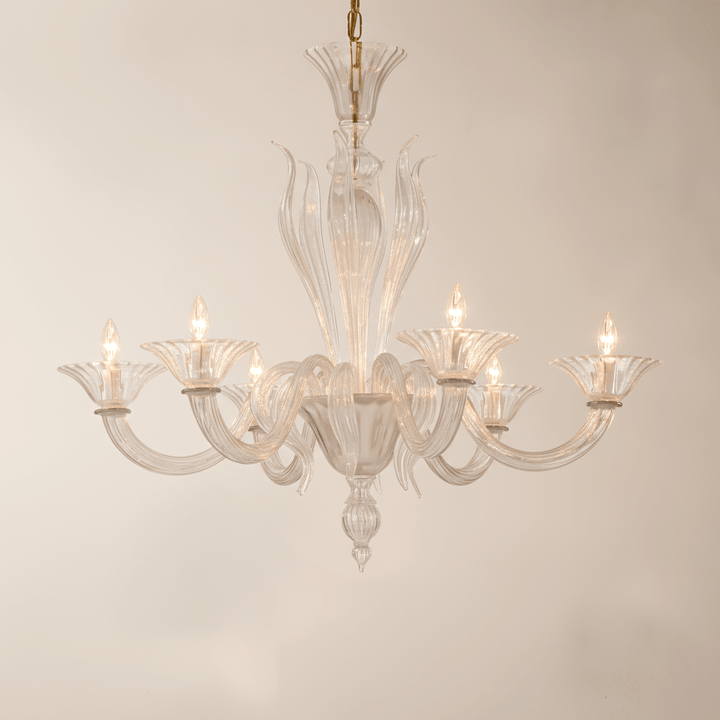 Vintage Clear Murano Glass Chandelier with mouth-blown Venetian artistry, elegantly showcasing intricate hand-sculpted glass design.