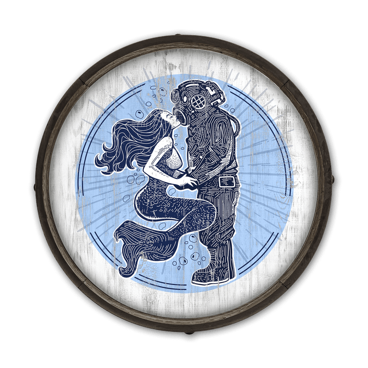 Vintage Coastal Mermaid and Diver Barrel End Wall Art depicting a romantic underwater scene on wood