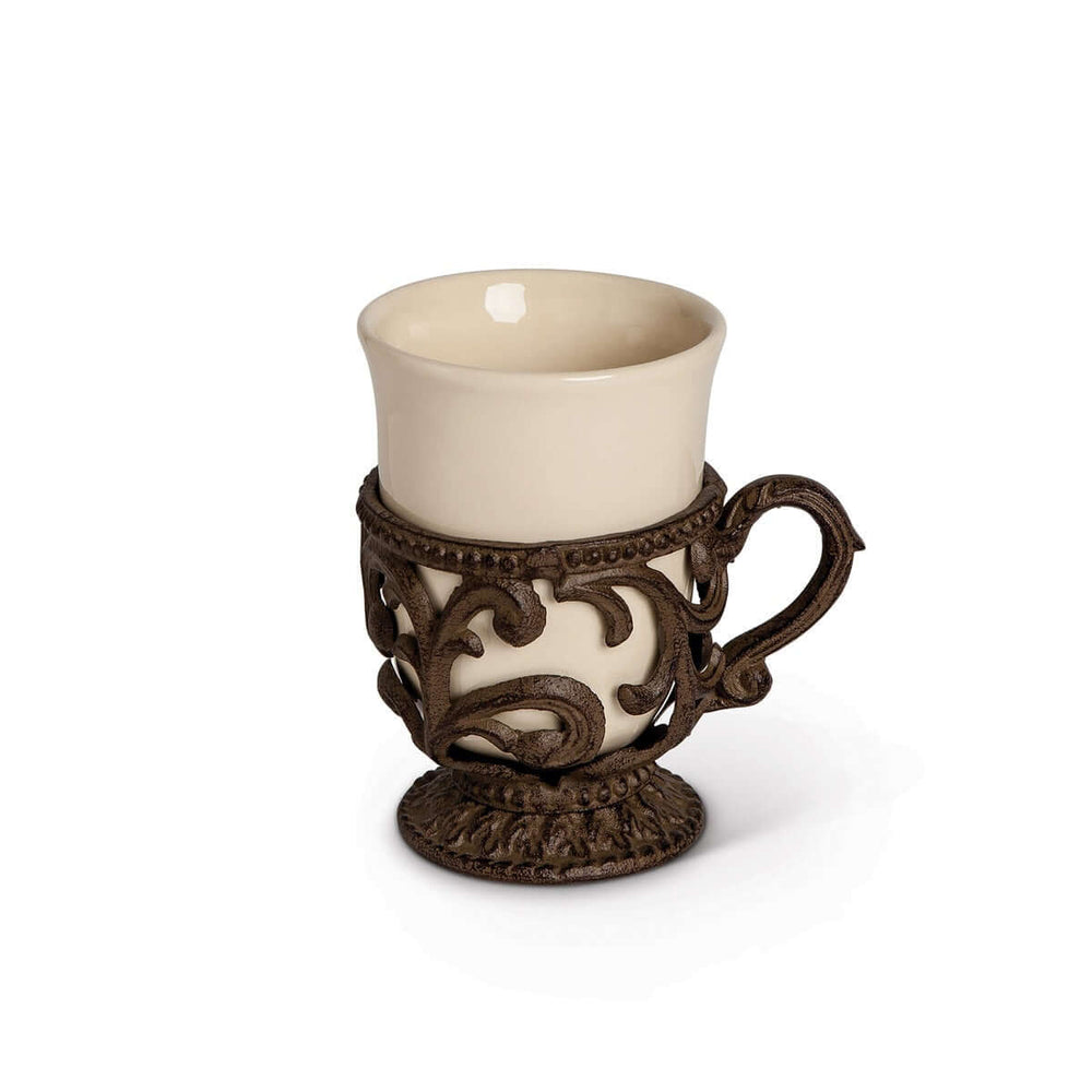 Vintage Coffee Cups with Ornate Metal Holders (Set of 4) cream ceramic cup in intricate ironwork holder