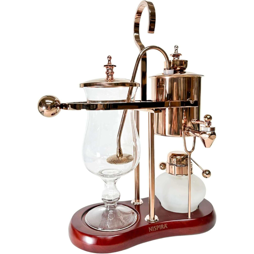 Vintage Copper Belgian Balance Siphon Coffee Maker with brass and glass components creating a Victorian-era brewing experience.