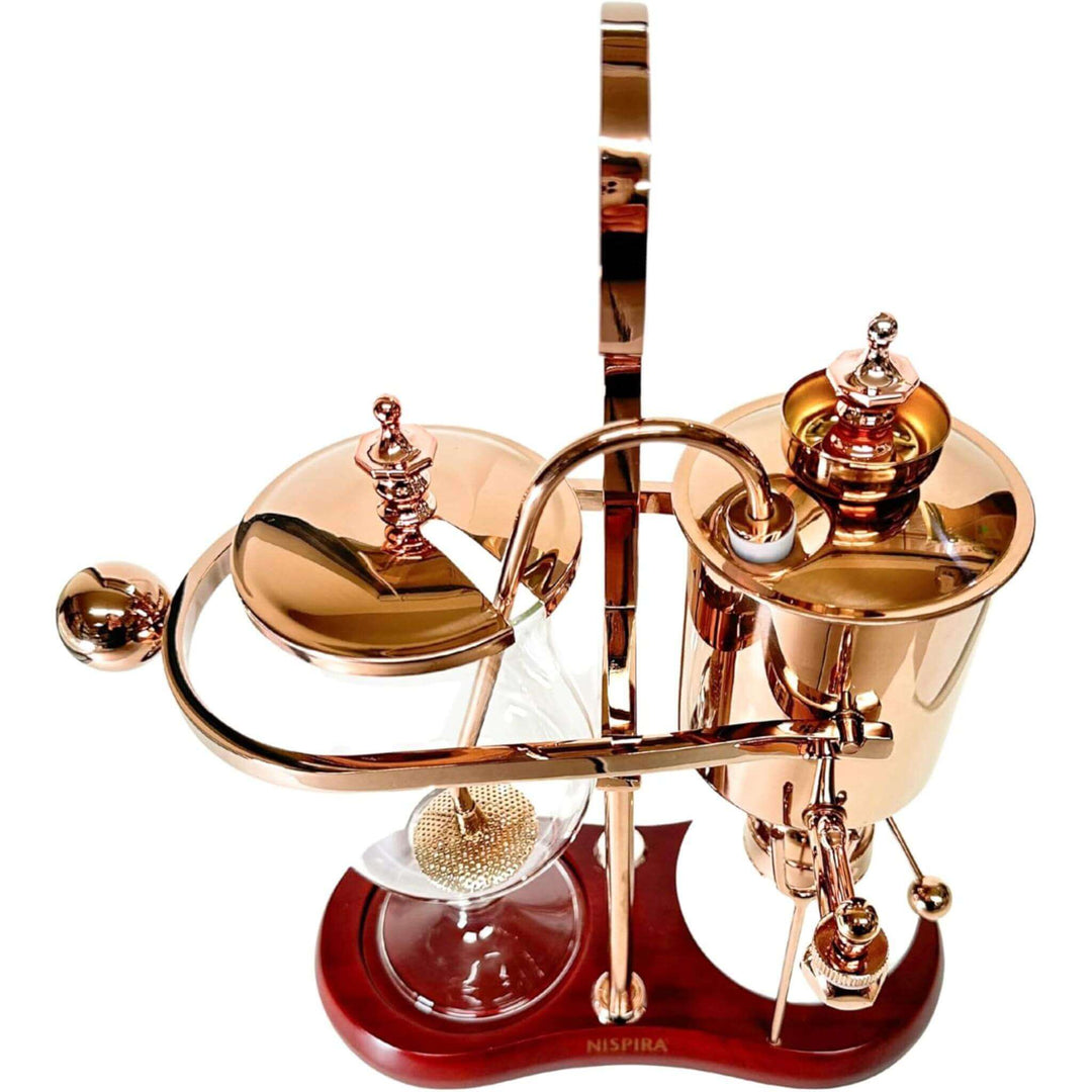 Vintage Copper Belgian Balance Siphon Coffee Maker with brass accents and glass, showcasing intricate Victorian-era design.