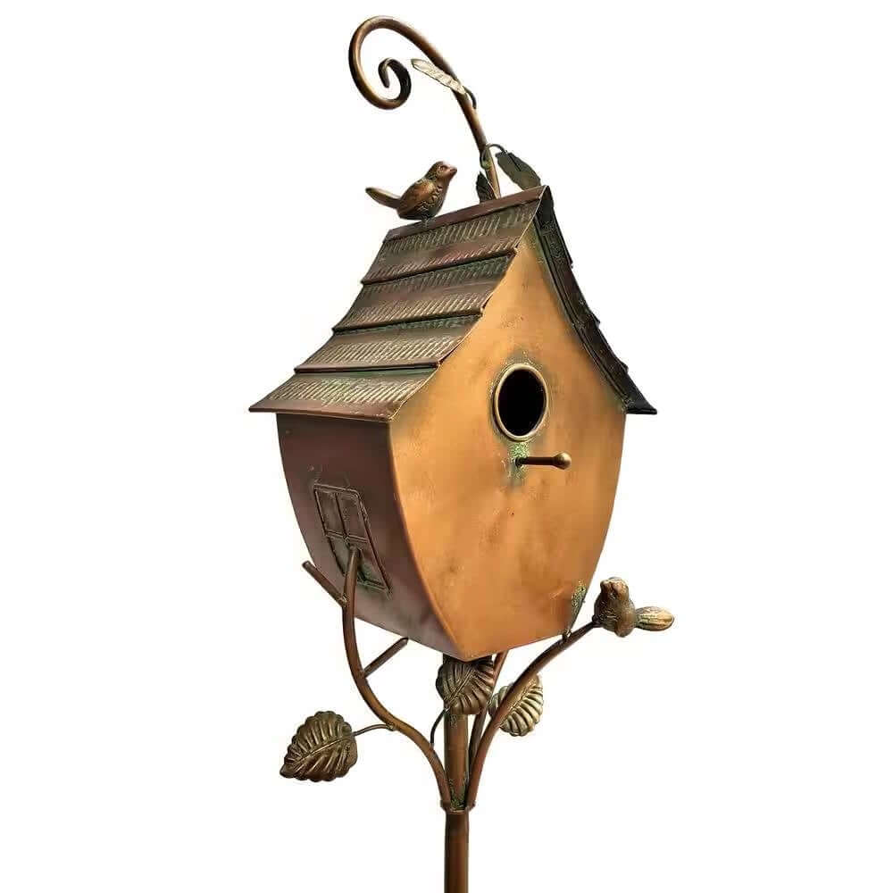 Vintage Copper Birdhouse on Garden Stake with antique finish and handcrafted design