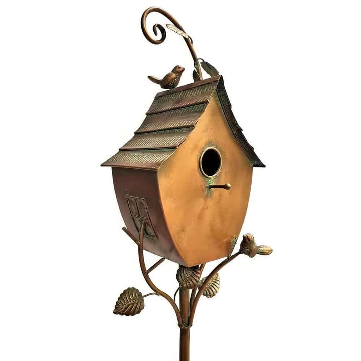 Vintage Copper Birdhouse on Garden Stake with antique finish and handcrafted design