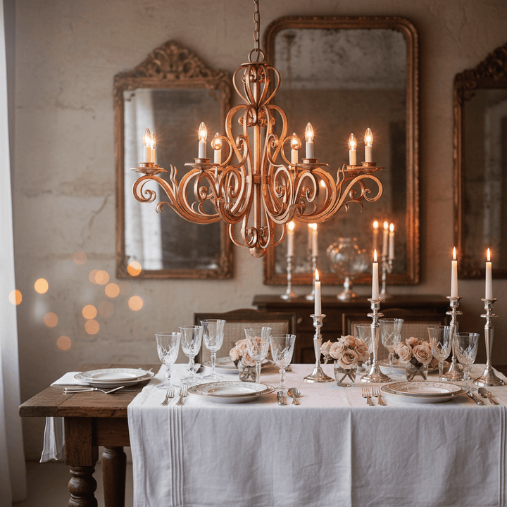A dining room featuring a Vintage Copper Scrollwork Chandelier with Candle Lights over an elegantly set table.