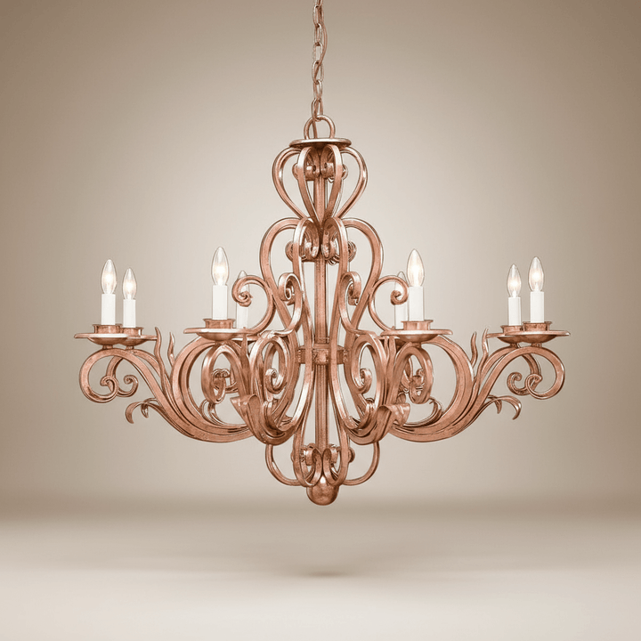 Vintage Copper Scrollwork Chandelier with Candle Lights, handcrafted Italian masterpiece in antique copper elegance