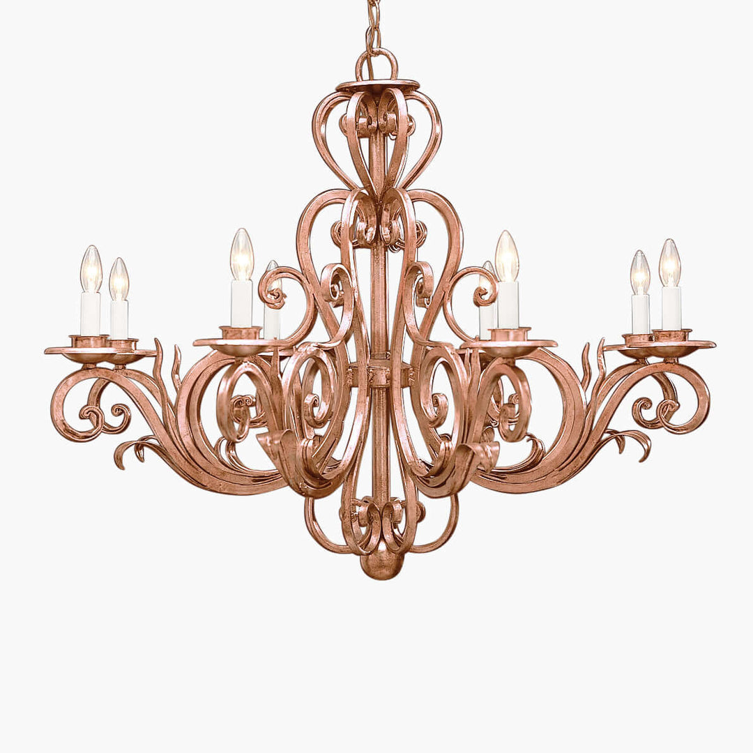 Vintage Copper Scrollwork Chandelier with Candle Lights in antique Italian design, displaying handcrafted elegance and wrought iron artistry.