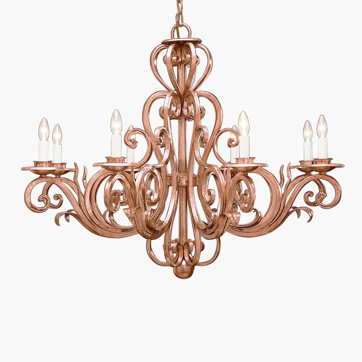 Vintage Copper Scrollwork Chandelier with Candle Lights in antique Italian design, displaying handcrafted elegance and wrought iron artistry.
