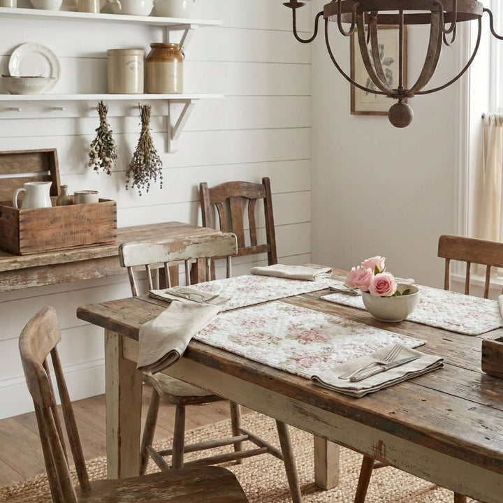 Charming dining room featuring Vintage Cottage Rose Quilted Placemats (Set of 4) on a rustic table, adding elegance and warmth to the space.