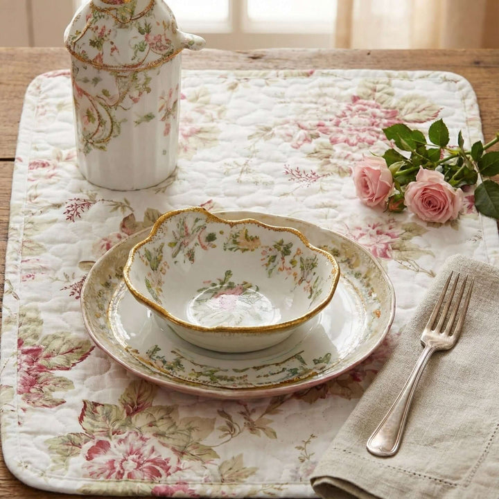 Vintage Cottage Rose Quilted Placemats (Set of 4) with floral tableware and roses on a rustic wooden table.