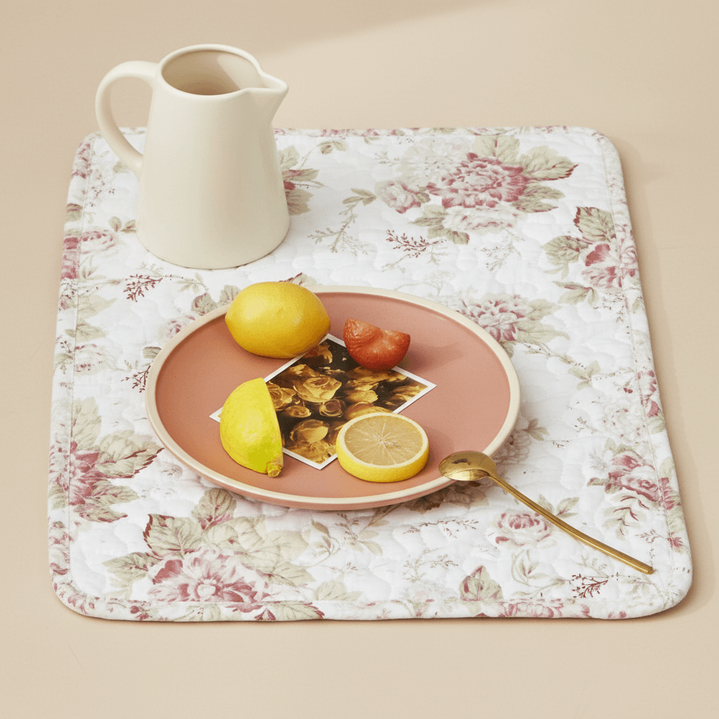 Vintage Cottage Rose Quilted Placemats (Set of 4) with floral design, pitcher, and plate with fruits on a cream background.