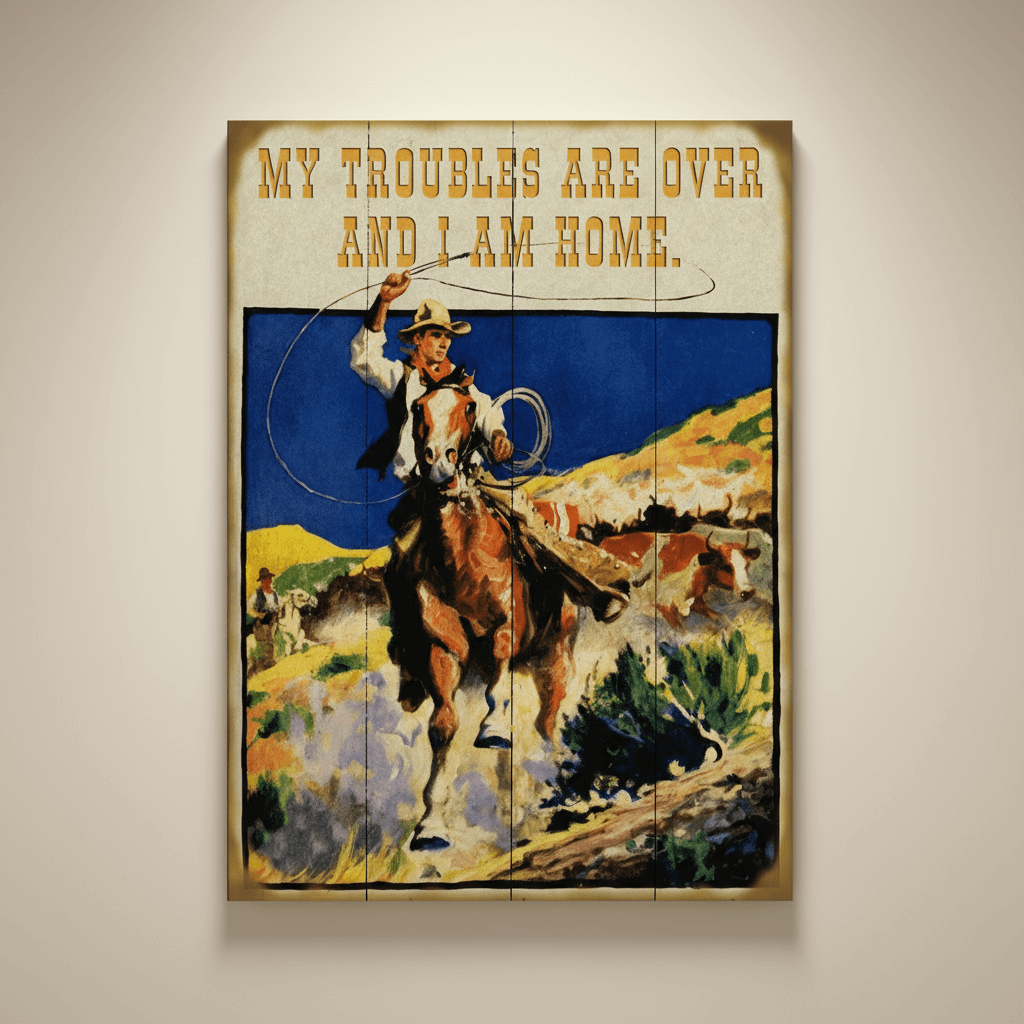 Vintage-style poster with a cowboy on a horse and text 'My troubles are over and I am home' on a beige wall.
