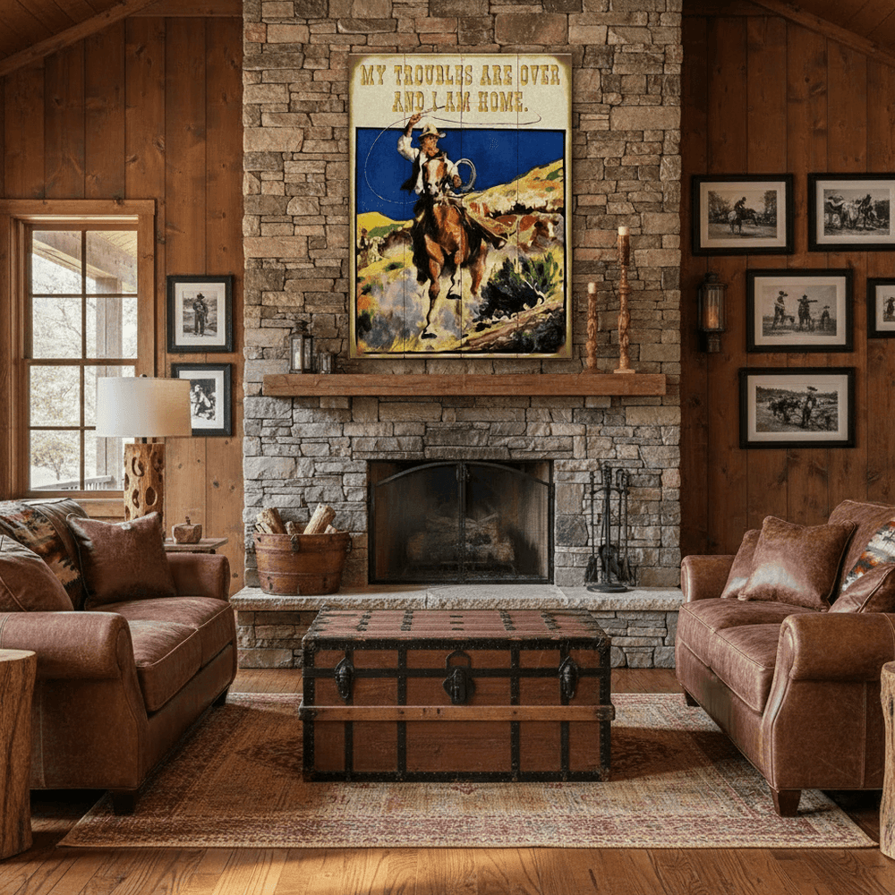 Cozy living room with rustic decor, including a fireplace, cowboy-themed painting, and wooden furniture.