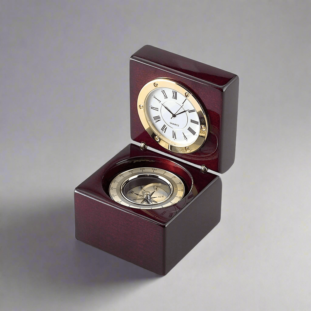 Vintage Desk Clock and Compass in Rosewood Box with gold accents, showcasing elegant old-world craftsmanship.