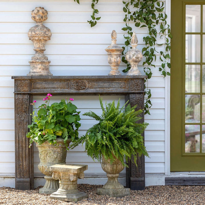 Vintage European ornate garden urn with intricate grapevine carvings, displayed in a classic outdoor setting with lush plants.