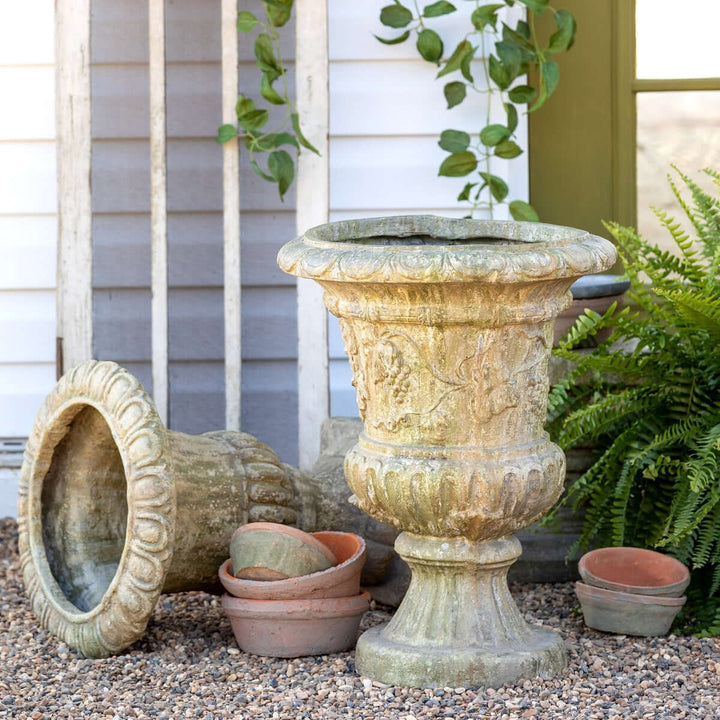 Alt Tag: Vintage European Ornate Garden Urn with grapevine carvings on patio, flanked by plants and terracotta pots, exuding classic elegance.