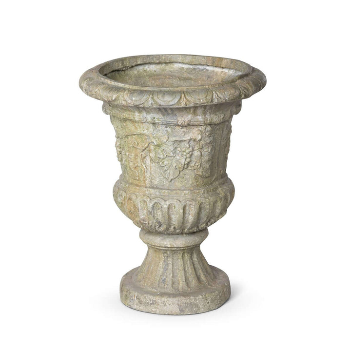 Vintage European ornate garden urn with intricate grapevine carvings on a rounded pedestal base, 23 inches tall.