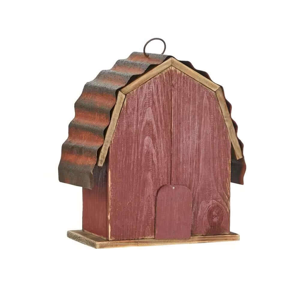 Vintage Farmhouse Barn Birdhouse with weathered red wood and rustic metal roof