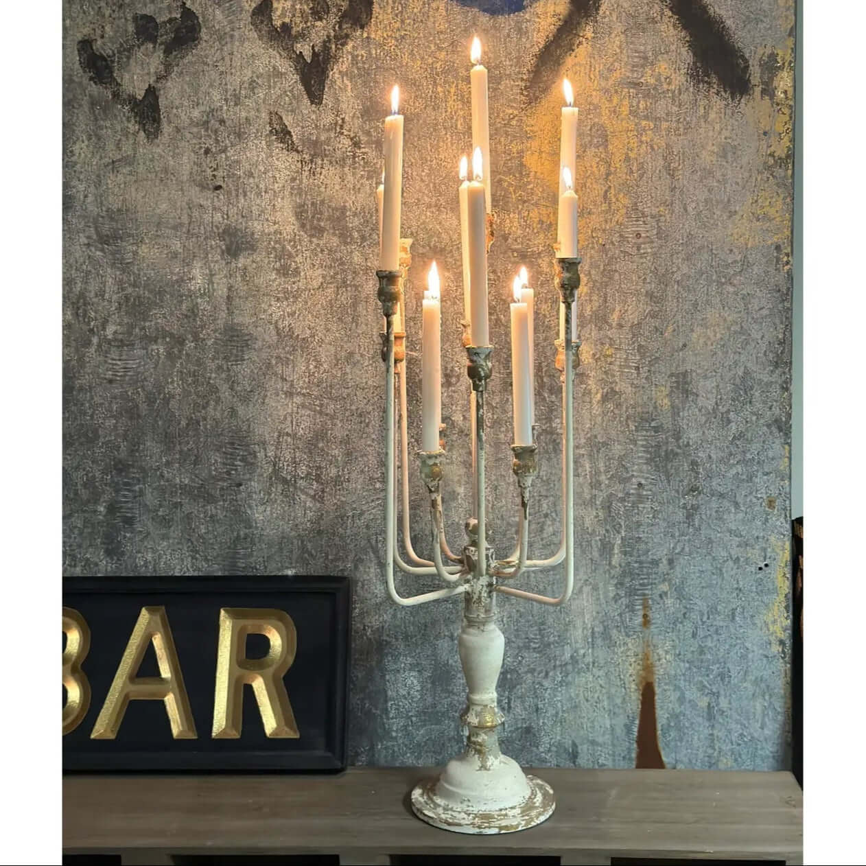 Vintage Farmhouse Candelabra in Distressed White Iron – Vintage